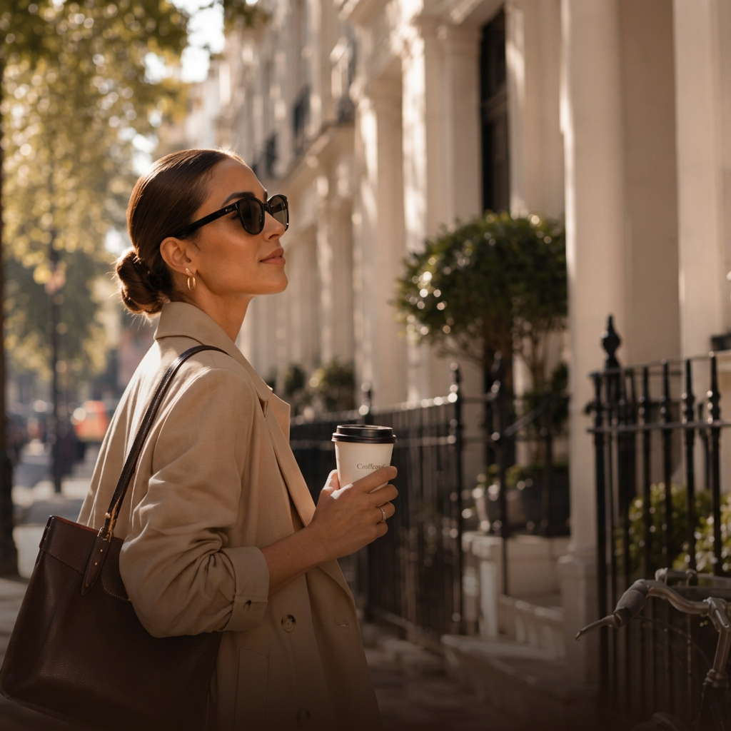 Independent expert walking a London street with a coffee